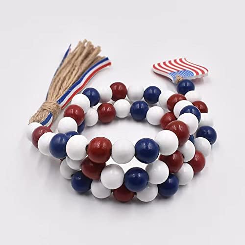 4th of July Wood Bead Garland with Tassels Red White Blue Decor
