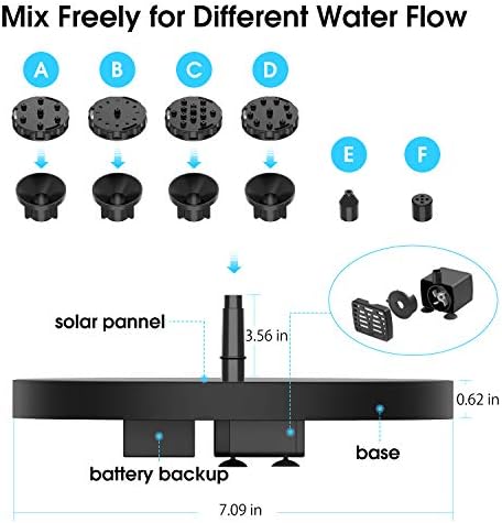 AISITIN Solar Fountain Pump with 1500mAh Battery and 6 Nozzles
