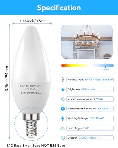 PARTPHONER E12 LED Candle Bulbs 60W Equivalent Pack of 6
