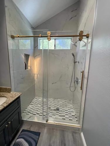 56-60 W x 84 H Frameless Stainless Steel Sliding Shower Door with Satin Brass Frame and Tempered Glass