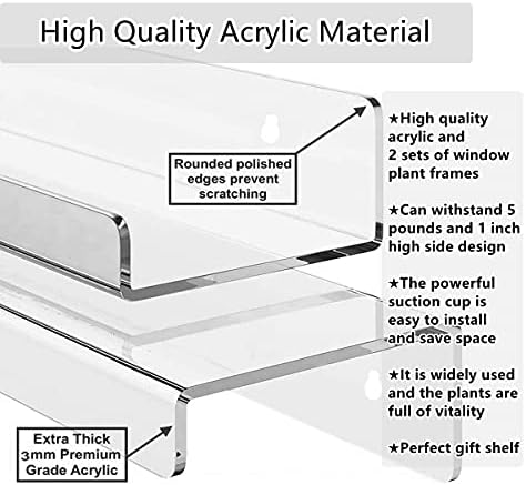 2-Pack 15 Inch Acrylic Window Plant Racks - Suction Cup Sill Extenders for Succulents Herb Gardens and Bathroom Storage