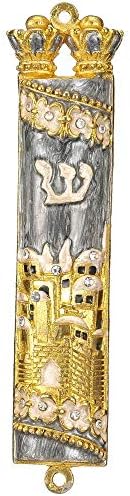 Matashi Hand Painted Mezuzah with Gold Plated Crystals and Grey Enamel Jerusalem City Design