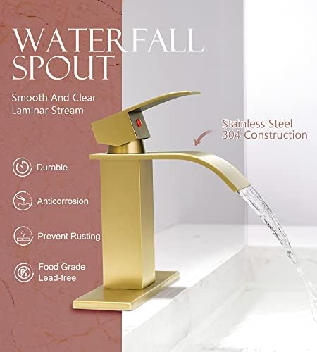 Yardmonet Gold Bathroom Faucet with Waterfall Spout and Drain Assembly