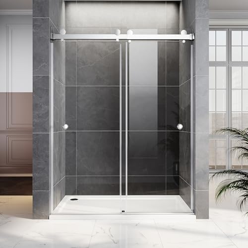 UNIKOO 66-72 Frameless Stainless Steel Bypass Shower Door with 38 Tempered Glass and Finger Pulls