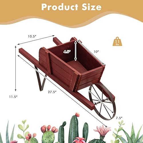 Wooden Wagon Planter with Metal Wheels and Magnetic Decor