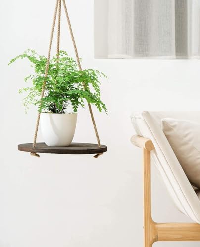 Dahey Round Wood Rope Floating Shelf Dark Brown
