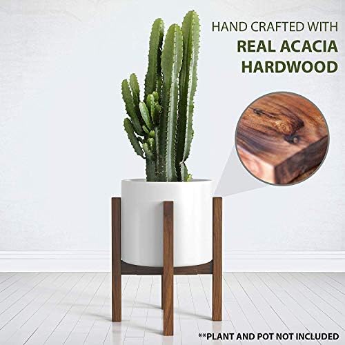 Mid Century Plant Stand - Dark Brown Solid Wood Adjustable