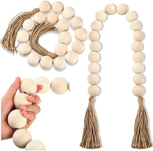 2 Pcs Large Wood Bead Garland with Tassels 40 White Wood Beads Decor for Home