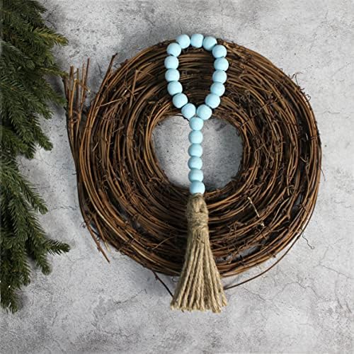 Wood Bead Garland with Tassels 3 PCS Teal Distressed