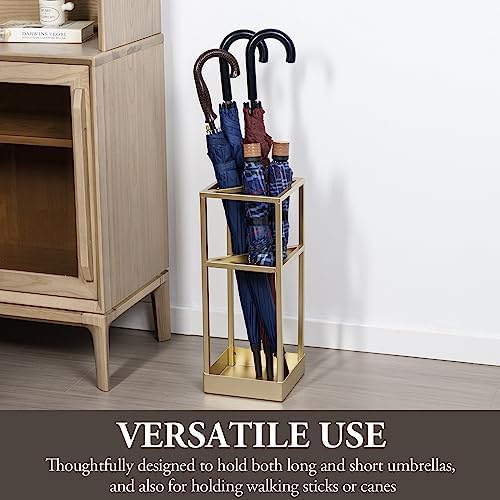 MyGift 20 Inch Tall Modern Brass Tone Metal Geometric Freestanding Entryway Umbrella Holder with Shelf and Drip Tray