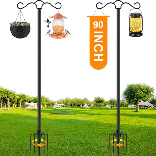 Double Shepherds Hook with 5 Prong Base 90 Inch Heavy Duty Bird Feeder Pole