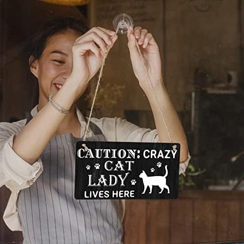 Cat Lady Sign Farmhouse Caution Crazy Cat Lady Lives Here Wooden Hanging Decor