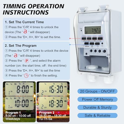 Goldlife Waterproof Programmable Timer Switch 20 Cycle 7-Day 24-Hour 40A 110V