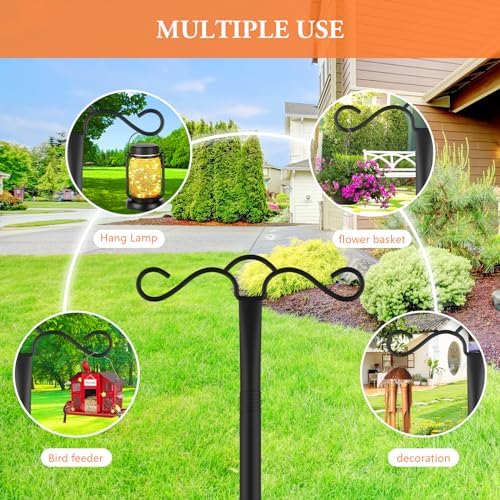 Double Shepherds Hook with 5 Prong Base 90 Inch Heavy Duty Bird Feeder Pole