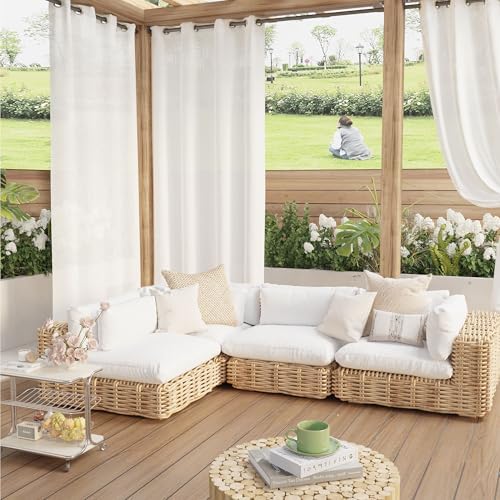 RYB HOME Non-See-Through Outdoor Sheer Curtains - 2 Panels Waterproof for Patio Porch White