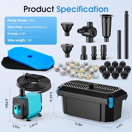 POPOSOAP Pond Filter with Pump Fountain Kit 660GPH Koi Pond Water Cleaner
