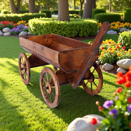 Lunanniu Wooden Wagon Planter Box with Wheels and Handle