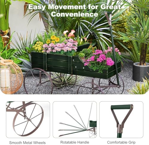 Wooden Wagon Planter with 2 Sections and Wheels