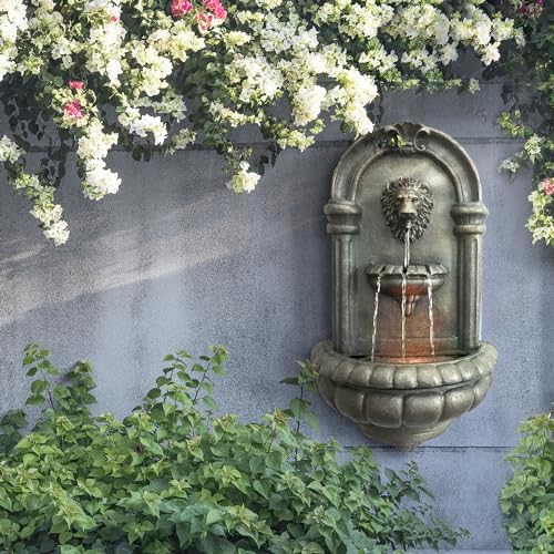 Teamson Home 321 In Wall-Mounted Lion Head Stone LED Outdoor Water Fountain