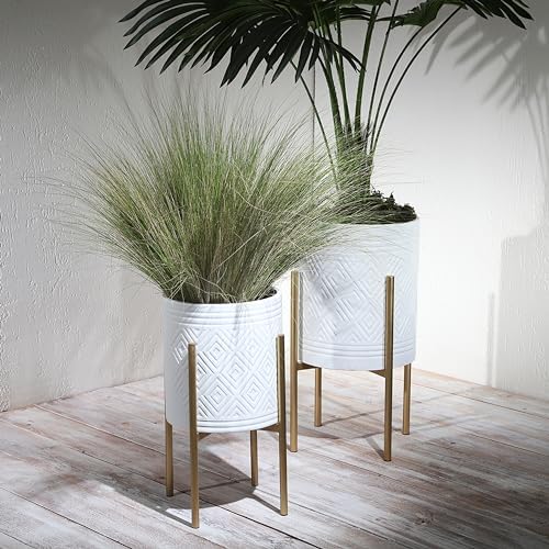 Sagebrook Home Set of 2 Modern White Iron Planters with Gold Stands