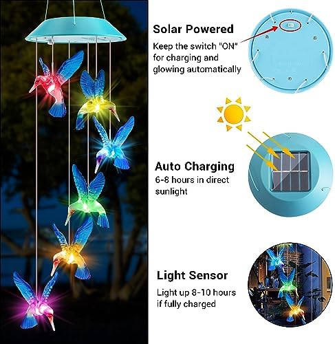Solar Hummingbird Wind Chimes for Mom Grandma Color Changing LED Outdoor Decor