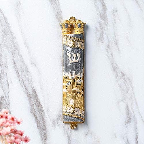 Matashi Hand Painted Mezuzah with Gold Plated Crystals and Grey Enamel Jerusalem City Design