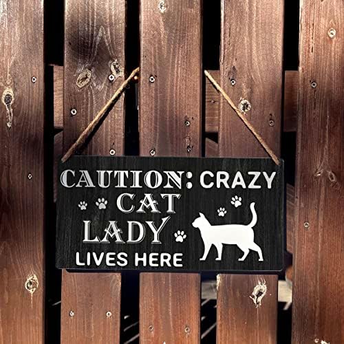 Cat Lady Sign Farmhouse Caution Crazy Cat Lady Lives Here Wooden Hanging Decor