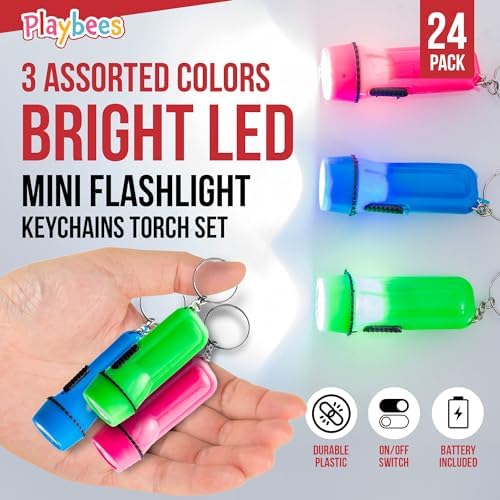 Mini Plastic Flashlight Keychain Bulk - 24 Pieces Assorted Colors LED for Kids