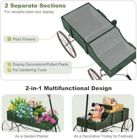 Wooden Wagon Planter with 2 Sections and Wheels