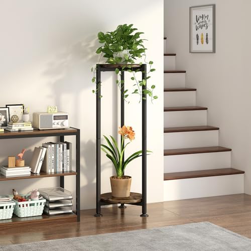 YIZAIJIA 2 Tier Plant Stand Metal Modern Black Round