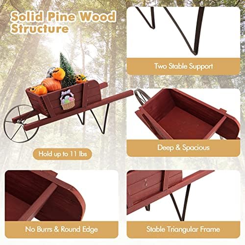 Wooden Wagon Planter with Metal Wheels and Magnetic Decor