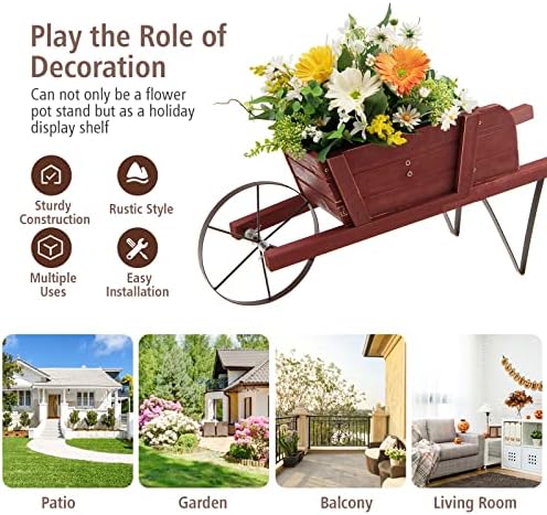 Wooden Wagon Planter with Metal Wheels and Magnetic Decor