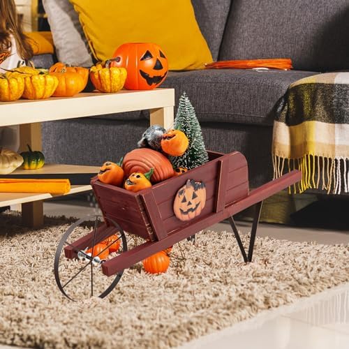 Wooden Wagon Planter with Metal Wheels and Magnetic Decor