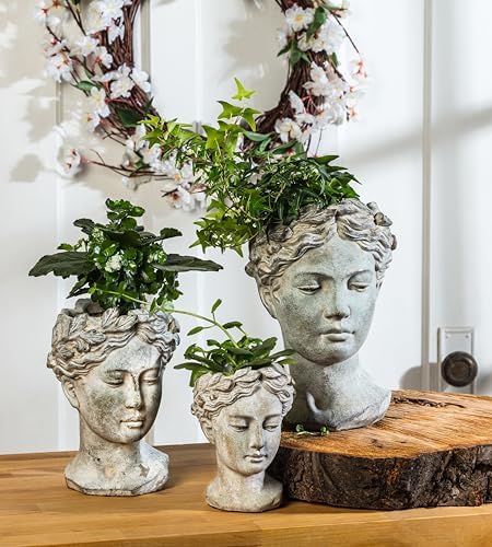 Abbott Collection Goddess Head Planter - Small Cement Planter for Flowers and Succulents Grey 35 Opening