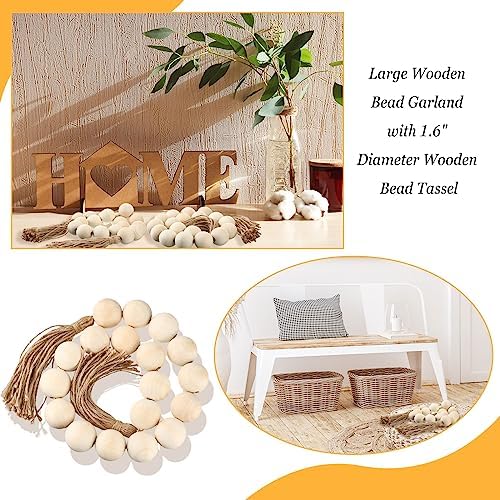 2 Pcs Large Wood Bead Garland with Tassels 40 White Wood Beads Decor for Home