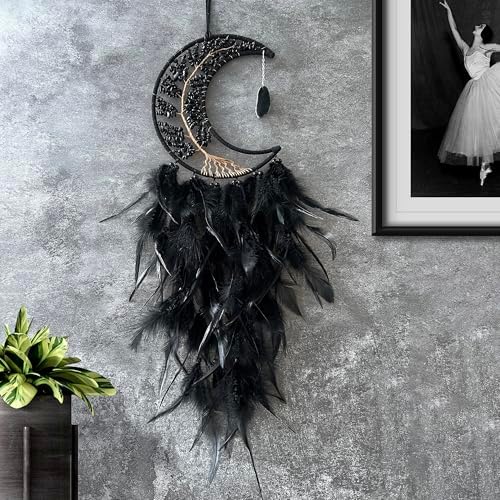 Moon Dream Catchers with Chakra Agate Stones Crystal Tree Wall Decor Black