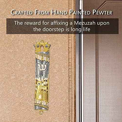 Matashi Hand Painted Mezuzah with Gold Plated Crystals and Grey Enamel Jerusalem City Design