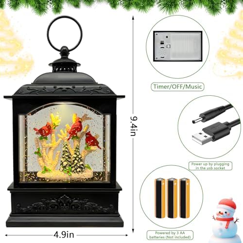 Christmas Snow Globe Lantern with Music Timer - LED Glittering Decor