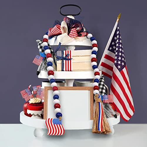 4th of July Wood Bead Garland with Tassels Red White Blue Decor