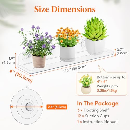 Lifewit 3 Pack Window Floating Shelves 15x4 Inch Acrylic Suction Cup