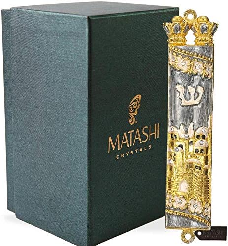Matashi Hand Painted Mezuzah with Gold Plated Crystals and Grey Enamel Jerusalem City Design