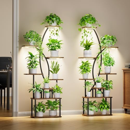 Justogo 8 Tier Indoor Plant Stand with Grow Lights 65 Inch Metal Corner Shelves 2 Pack