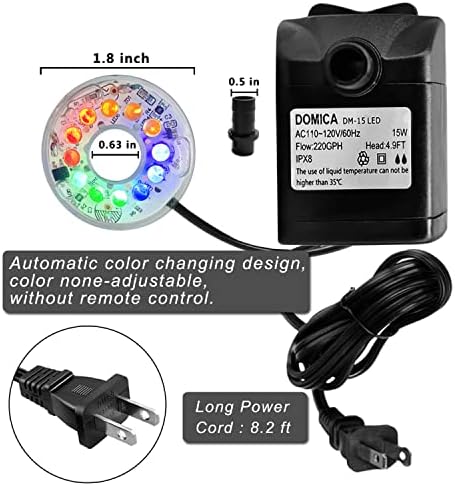 DOMICA 15W Submersible Fountain Pump with LED Light Quiet Adjustable for Water Features Aquariums Ponds Hydroponics