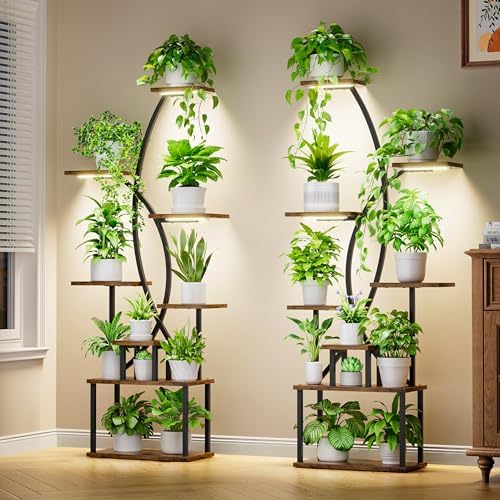 Justogo 8 Tier Indoor Plant Stand with Grow Lights 65 Inch Metal Corner Shelves 2 Pack