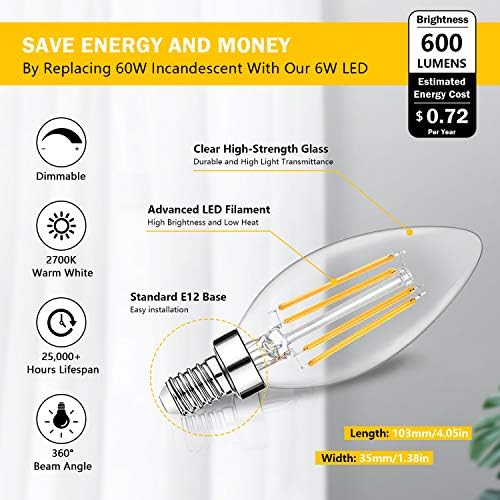 12-Pack Dimmable E12 LED Candelabra Bulbs 60W Equivalent 2700K Warm White