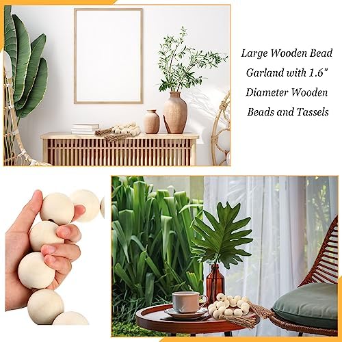 2 Pcs Large Wood Bead Garland with Tassels 40 White Wood Beads Decor for Home
