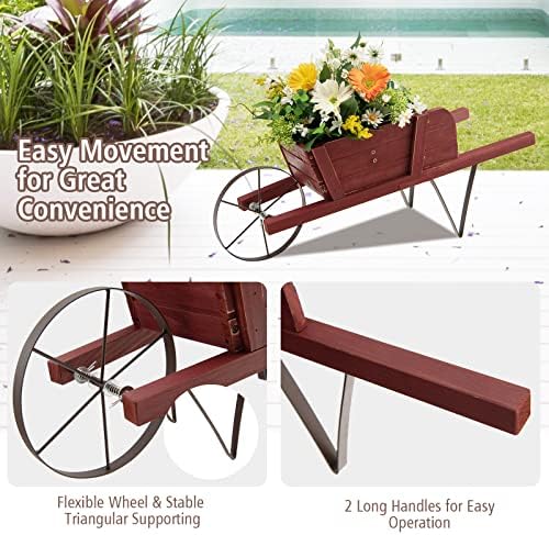 Wooden Wagon Planter with Metal Wheels and Magnetic Decor