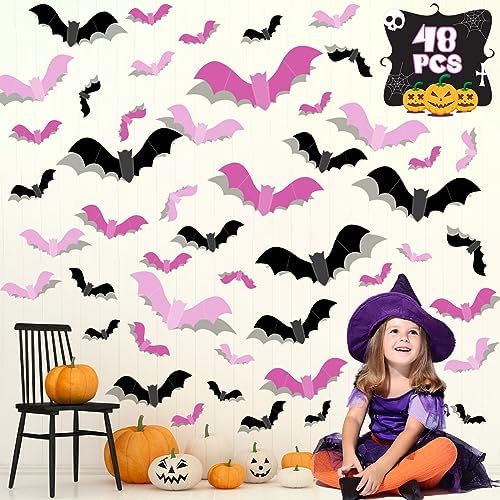 Pink Bats Halloween Wall Decal 48PCS