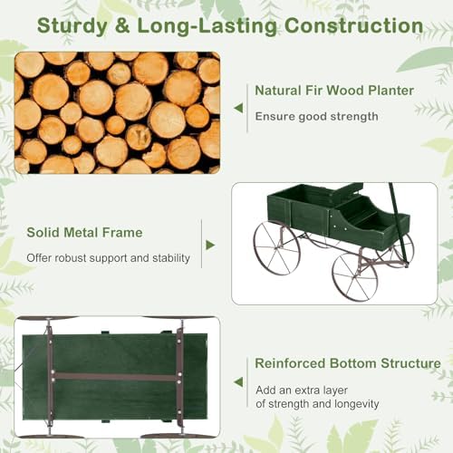 Wooden Wagon Planter with 2 Sections and Wheels