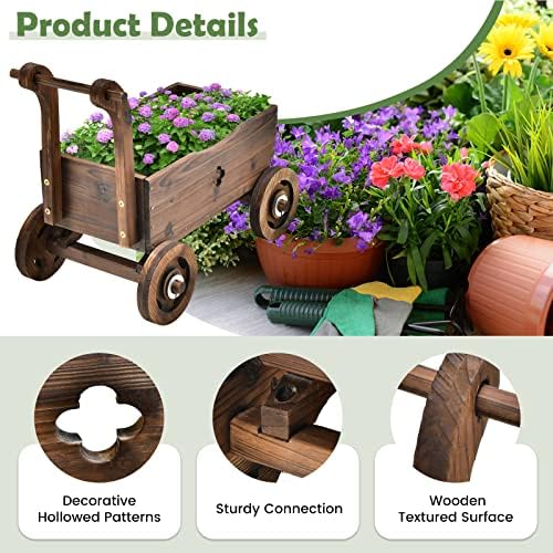 Giantex Wooden Wagon Planter with Wheels and Drainage